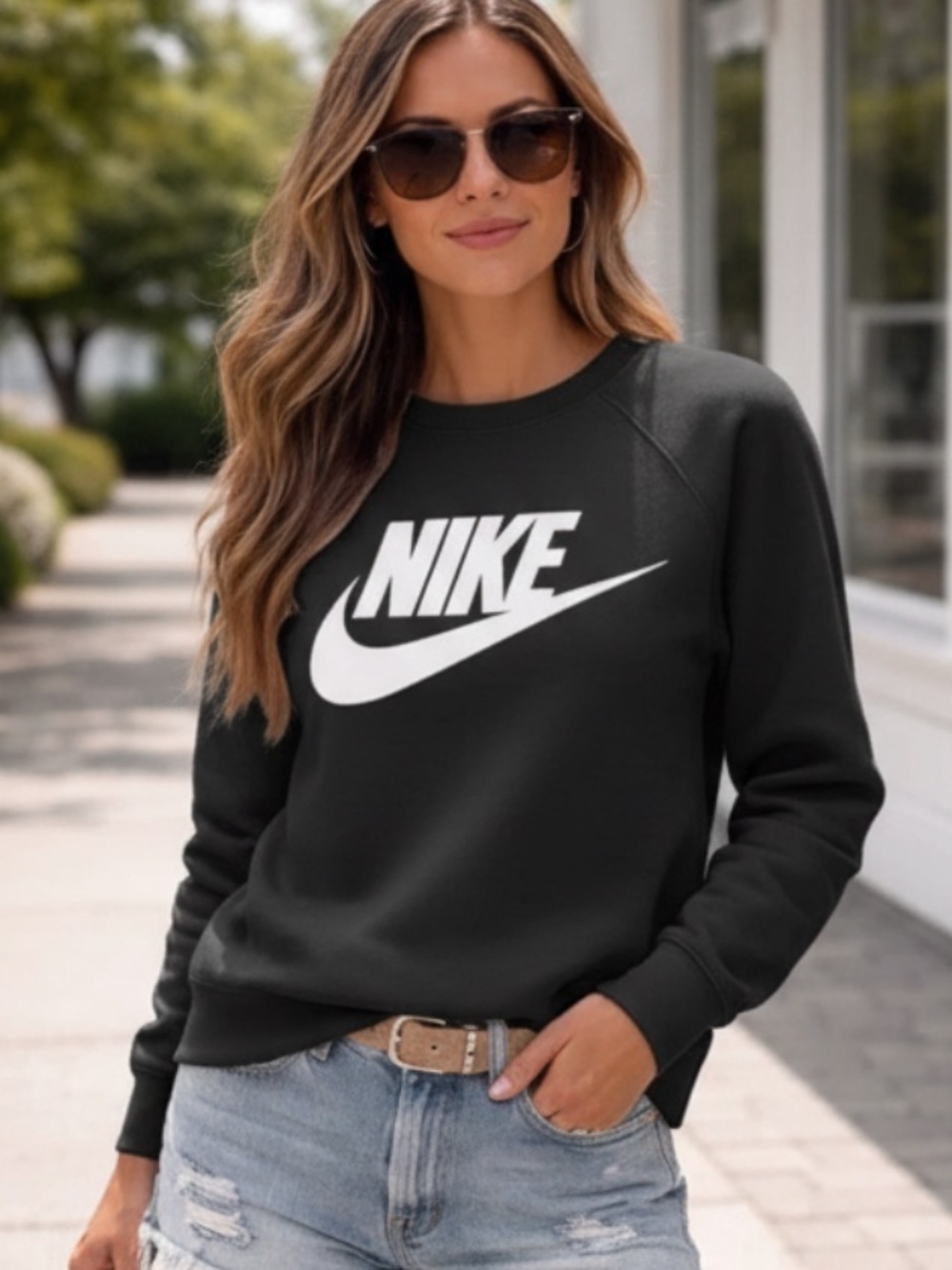 Nike Black Raglan Crewneck Sweatshirt White Swoosh Relaxed Fit Loose Size XS